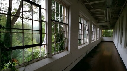 Obraz premium asylum with peeling walls, rusted metal doors, and dim, flickering lights casting long, menacing shadows