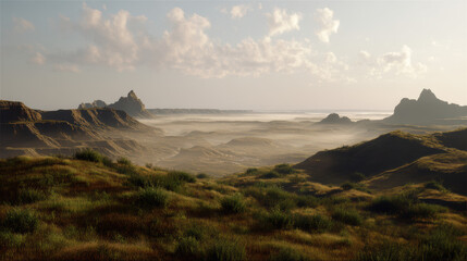 A breathtaking panoramic view captures the serene and majestic desert landscape with fog rolling through the valleys under a sky dotted with soft clouds above.