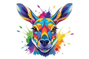 Colorful artistic kangaroo face   colorful paint splatters on white background.