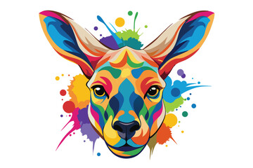 Colorful artistic kangaroo face   colorful paint splatters on white background.
