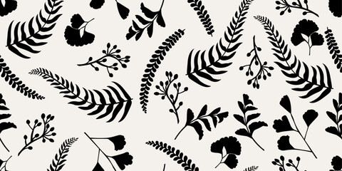 Black and white abstract hand drawn flowers, floral seamless pattern with flowers for fabric, textile, apparel, poster, cover, banner, wall art, background. Vector illustration.