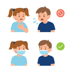 Children's Hygiene and Safety Mask Wearing vs. Coughing Illustration