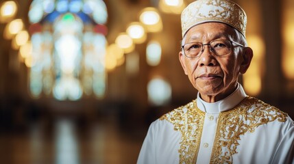 Obraz premium Solemn elderly man in traditional white papal attire with golden embroidery, standing with dignity and authority. Religious leader, spirituality and faith concept.