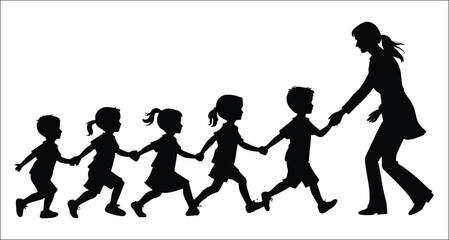 Teacher And Children Silhouette Walking Together In Orderly Line Art Style