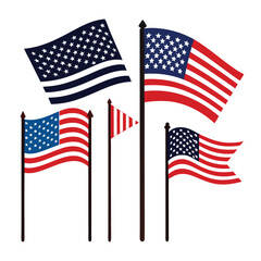 American flags  set isolated shilhotee vector on white background