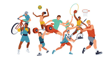 Dynamic athletes embody diverse sports cycling boxing weightlifting gymnastics soccer basketball running and volleyball
