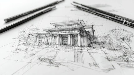 Fototapeta premium Architectural sketch of a grand building with detailed pencil work.