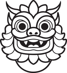 traditional lion dance mask line art, black outline, vector and illustration, coloring book page line art drawing