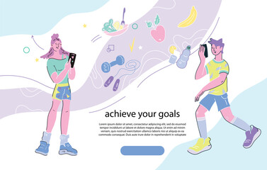 Modern fitness scene with digital aids stylized art