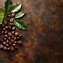 Obraz premium Stylish table surface with coffee beans and ripe coffee sprig in professional brown shades showcasing natural beauty and elegance