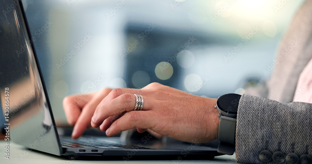 Aufkleber laptop, hands and businessman typing in office at night for creative project with deadline. keyboard
