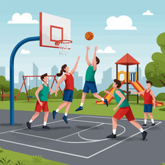 People Playing Basketball at Outdoor Court Surrounded by Park Equipment