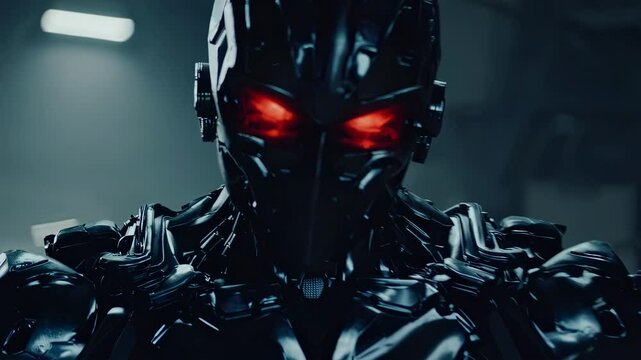 Close portrait metallic robot head with intricate armor details and red glowing eyes staring intensely suggesting ai threat future tech power and potential danger