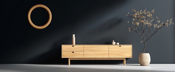 Modern minimalist interior design, featuring a wooden credenza and decor