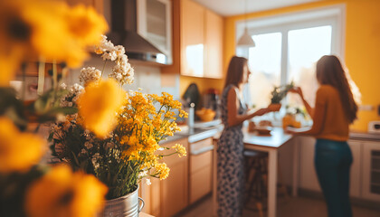 Two Women Preparing Food in a Sunny Yellow Kitchen with Sunflowers