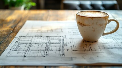 A warm cup of coffee sits on architectural plans, exuding creativity and inspiration.