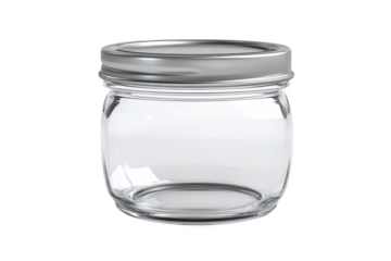 A clear glass jar with a silver lid perfect for preserving homemade goods or storing pantry staples on transparent background