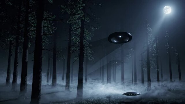 Multiple flying saucers ufos hover low foggy pine forest night bright moonlight illuminates eerie scene alien invasion science fiction mystery paranormal activity space ship