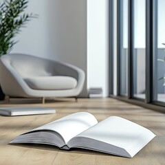 Open book on light wooden floor, modern interior