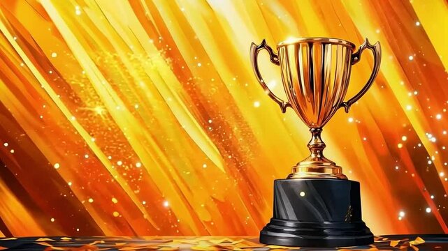 A golden trophy on a black pedestal in front of a yellow background