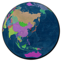 Illustration of a globe that highlights the countries of the world clearly. South Korea is positioned in the center of the image, showing other major countries.