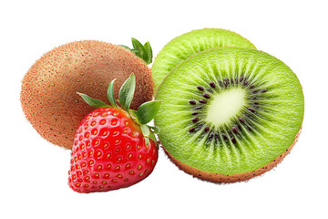 Juicy kiwi slices and a vibrant strawberry a burst of freshness against a stark black background Close on transparent background