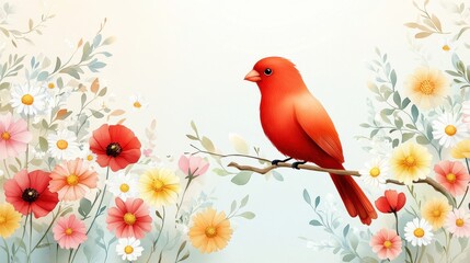 Red Bird Perched on Branch Amidst Colorful Watercolor Flowers