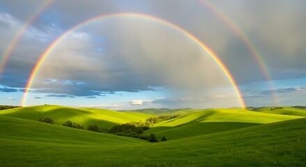 Fototapeta premium Double Rainbow Arcs Over Rolling Green Hills: Serene Landscape Panorama Depicts Lush Meadows Bathed in Golden Sunlight with Striking Sky, Creating Optimistic, Inspirational Feel