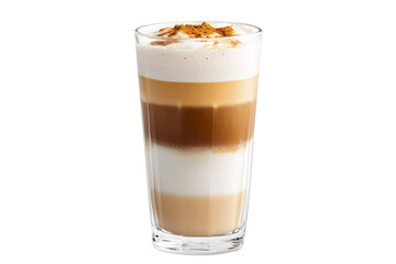 Layered Latte Macchiato Coffee Drink in Tall Glass Delightful Creamy Texture Cinnamon Topping Studio on transparent background