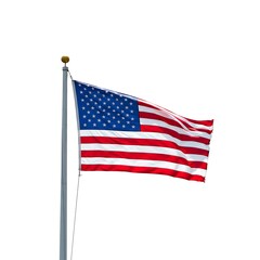 Obraz premium American flag waving on a pole, stars and stripes, isolated on white background