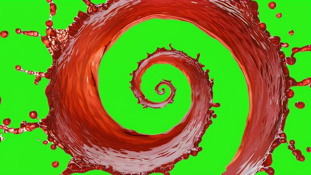 Dynamic splash of blood in a spiral shape, isolated against, green background
