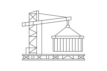 Minimalist  line drawing of a construction crane hoisting a shipping container, representing industrial lifting and architectural tools