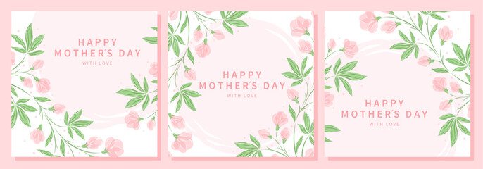 Mother's Day cards set. Spring summer floral design in pastel colors. Vector illustration for banner, poster, label, template, sale.