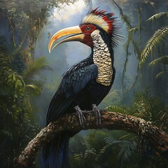 Fototapeta premium Majestic Wreathed Hornbill perched on a tree branch in jungle