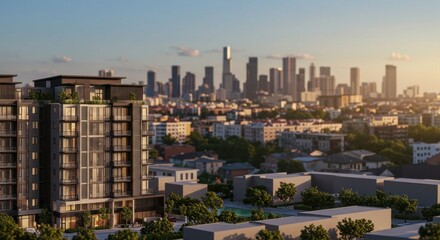 Obraz premium Modern Apartment Building Overlooking a Stunning City Skyline at Sunset