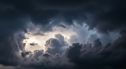 Ominous Storm Clouds Gather, Sunlight Filtering Through, Creating a Dramatic and Atmospheric Weather Display Above a Dark Landscape, Evoking Power and Mystery