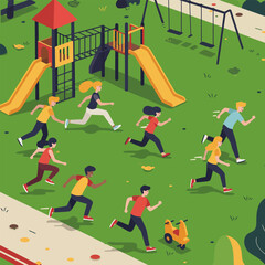 People Running on Playground with Slide and Swing Set Cartoon