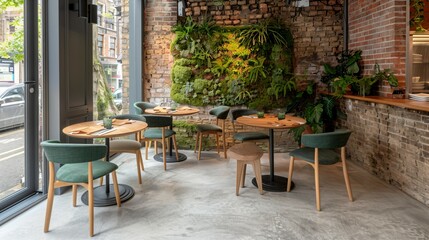 Elegant empty restaurant interior with polished wooden tables and chairs, showcasing potential dining space for business expansion or grand opening concept.