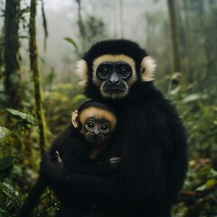 Obraz premium Sweet moment of yellow-cheeked gibbon mother with her baby in nature
