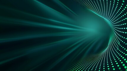 Naklejka premium The image shows an abstract representation of data streams, depicted as glowing teal lines and dots curving into a tunnel-like form against a dark background, suggesting speed, technology or connecti