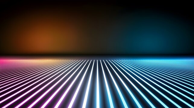 The image contains a dark background with parallel lines of light, transitioning from pink/purple to blue, creating a perspective effect that recedes into the distance.