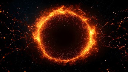 Fototapeta premium A fiery ring of interconnected nodes and glowing embers floats in a dark, abstract space.