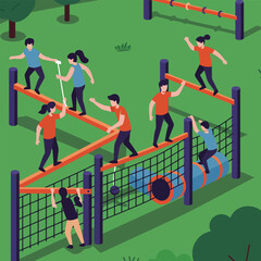 People Navigating Obstacle Course in Isometric Outdoor Green Park Setting