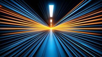 The image shows an abstract representation of a tunnel or corridor with converging blue and orange lines creating a speed or motion effect, illuminated by bright white lights at the end.