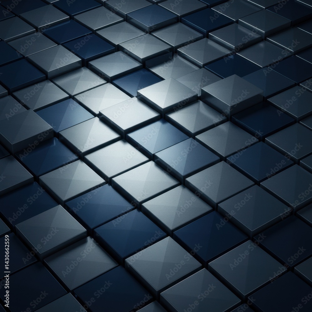 Poster abstract 3d rendering of a geometric pattern with dark blue and grey cubes,creating a modern and sty