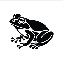 Vector Stylized Black Silhouette of a Sitting Frog with Detailed Legs and Eyes on a White Background