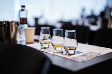 Tasting experience with whiskey glasses set on a table in a modern venue