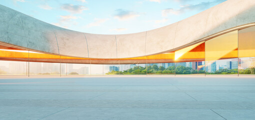 Obraz premium 3d rendering Modern architecture concrete building with curved walls and glass windows overlooking city skyline