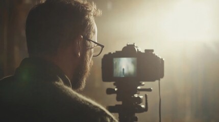 Professional Photographer Reviewing Images on Camera LCD Screen at Stock Photo Shoot Session