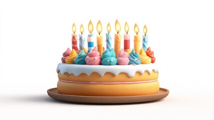 A joyful birthday cake showcases playful frosting and glowing candles, symbolizing a cheerful celebration. This festive dessert is perfect for special gatherings and birthdays